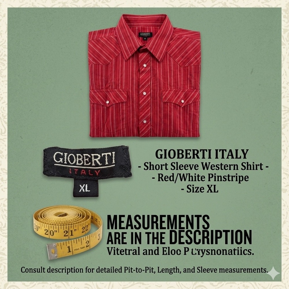 Gioberti Italy Mens XL Red White Pinstripe Western Pearl Snap Short Sleeve Shirt